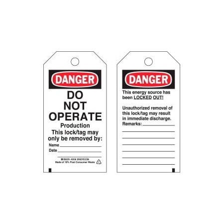 Brady Brady Lockout Tag- Danger Do Not Operate, 2 Sided, Polyester, 25/Pack 50198